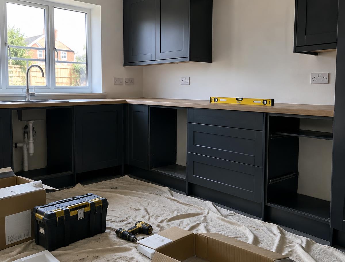 Dark shaker kitchen units part fitted during an installation